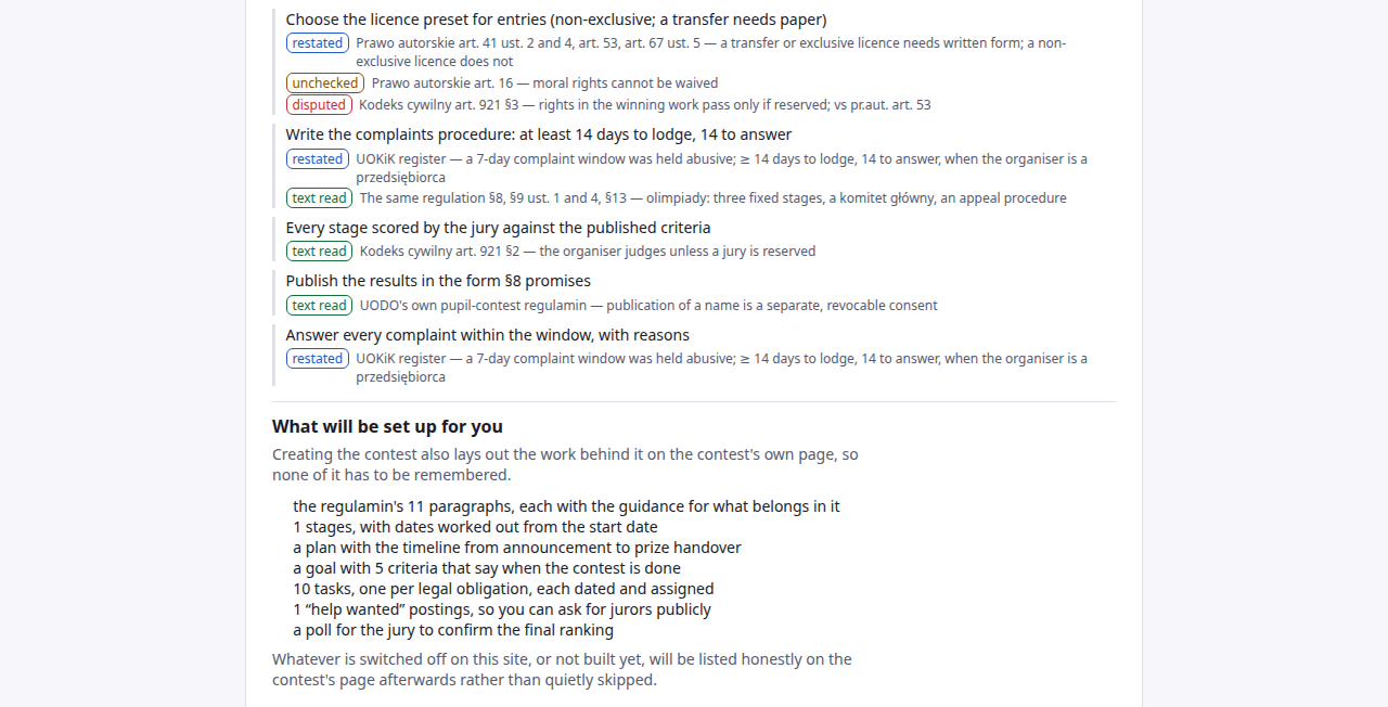 Koniec listy kontrolnej, każdy obowiązek z artykułami i ich etykietami, a pod nią lista tego, co zostanie utworzone: paragrafy regulaminu, etapy, plan, cel z pięcioma kryteriami, dziesięć zadań, ogłoszenie o pomoc i ankieta dla jury.