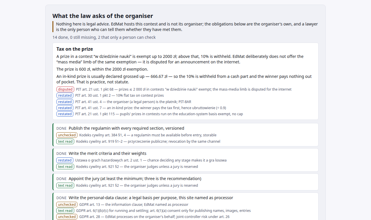 Zrzut ekranu „What the law asks of the organiser” przy konkursie z nagrodą: zastrzeżenie, że to nie porada prawna, licznik 14 zrobionych, 0 brakujących i 2 do sprawdzenia przez człowieka, podatek od nagrody z przepisami oznaczonymi jako streszczone albo sporne oraz obowiązki oznaczone DONE, każdy z artykułami, na których się opiera.