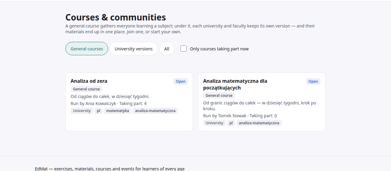 Strona „Courses & communities”: plakietki General courses, University versions i All, pole „Only courses taking part now” i dwa kafelki — „Analiza od zera” prowadzony przez Anię Kowalczyk z czterema uczestnikami i „Analiza matematyczna dla początkujących” prowadzony przez Tomka Nowaka — oba oznaczone General course i Open.