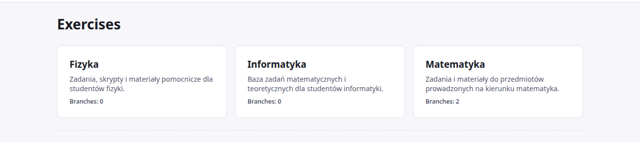 Strona kierunków: kafelki Fizyka, Informatyka i Matematyka, każdy z liczbą przedmiotów.