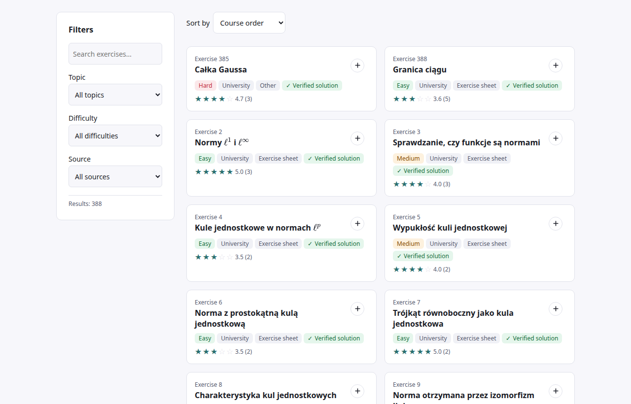Lista zadań z Analizy matematycznej: kolumna filtrów z wyszukiwarką, działem, trudnością i źródłem, sortowanie oraz kafelki zadań z plakietkami trudności, odbiorcy i „Verified solution”.