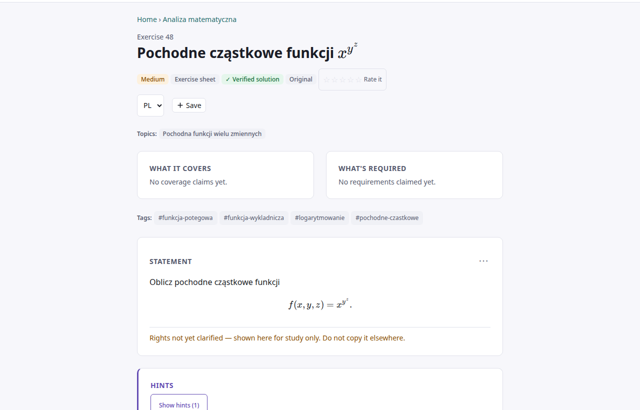 Strona zadania: tytuł ze wzorem, plakietki Medium / Exercise sheet / Verified solution, wybór języka i przycisk Save, działy, tagi, treść w karcie zakończona wierszem „Rights not yet clarified — shown here for study only. Do not copy it elsewhere.” i początek sekcji Hints.