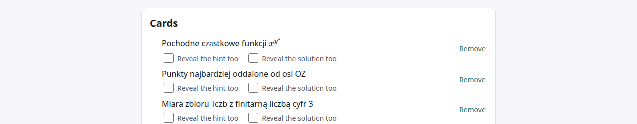 Panel Cards na stronie fiszek: trzy tytuły zadań, jeden ze złożonym wzorem, każdy z odnośnikiem Remove.
