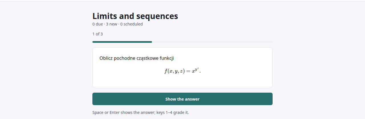 Ekran powtórki fiszek „Limits and sequences”: liczby „0 due · 3 new · 0 scheduled”, pozycja „1 of 3”, karta z treścią zadania i złożonym wzorem oraz przycisk „Show the answer”.