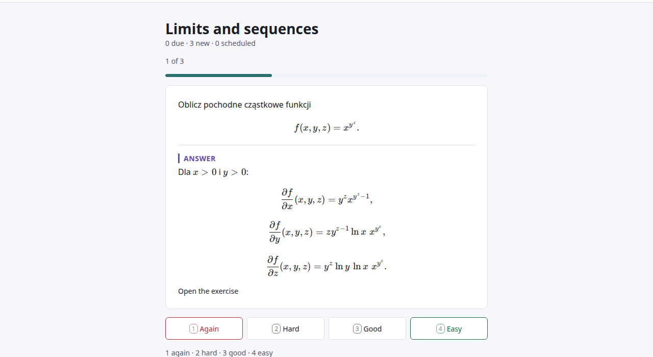 Zrzut ekranu powtórki fiszek „Limits and sequences”, karta 1 z 3: treść zadania o pochodnych cząstkowych, odsłonięta pod nią odpowiedź i cztery przyciski — Again, Hard, Good, Easy — ponumerowane od 1 do 4.