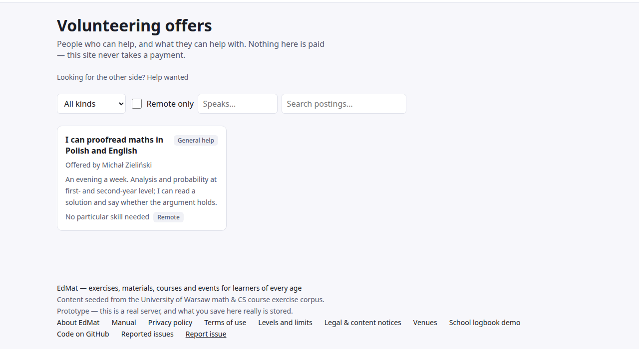 Tablica „Volunteering offers”: zdanie o tym, że nic tu nie jest płatne, filtry z „Speaks…” i jedna oferta — „I can proofread maths in Polish and English” od Michała Zielińskiego, zdalnie.