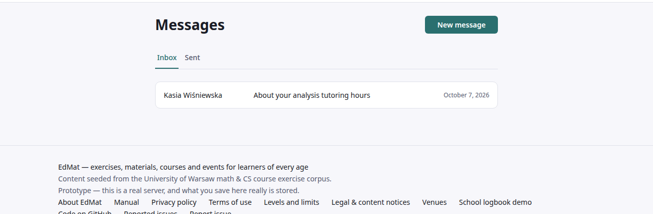 Strona wiadomości: przycisk „New message”, zakładki Inbox i Sent oraz jedna rozmowa od Kasi Wiśniewskiej zatytułowana „About your analysis tutoring hours”.
