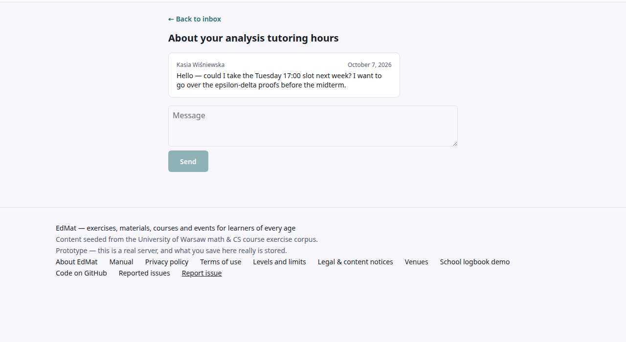 Wątek wiadomości: temat „About your analysis tutoring hours”, jedna wiadomość od Kasi Wiśniewskiej o wtorkowej godzinie 17:00 i pole odpowiedzi z przyciskiem Send.