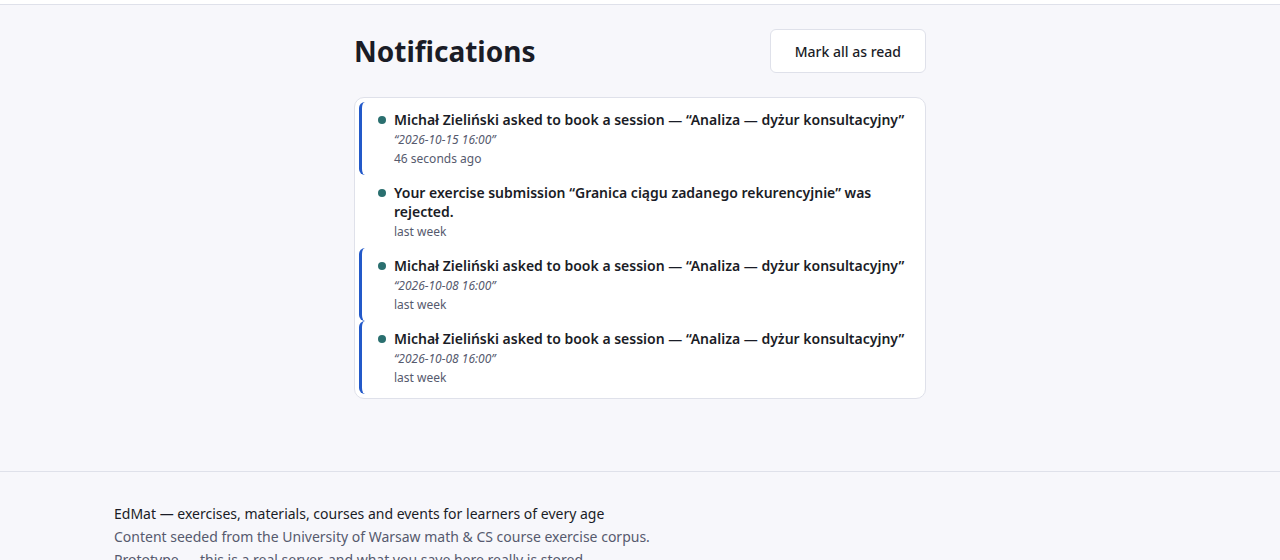 Strona powiadomień, od najnowszych, z „Mark all as read” u góry: najnowszy nieprzeczytany wpis to „Michał Zieliński asked to book a session — Analiza — dyżur konsultacyjny”, pod nim żądana godzina i to, jak dawno przyszedł.