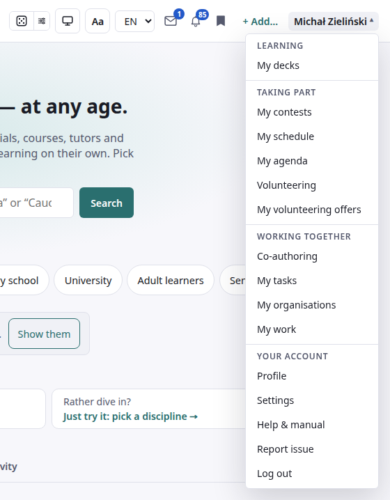 Otwarte menu konta w czterech grupach: Learning — My decks; Taking part — My contests, My schedule, My agenda, Volunteering, My volunteering offers; Working together — Co-authoring, My tasks, My organisations, My work; Your account — Profile, Settings, Help & manual, Report issue, Log out.