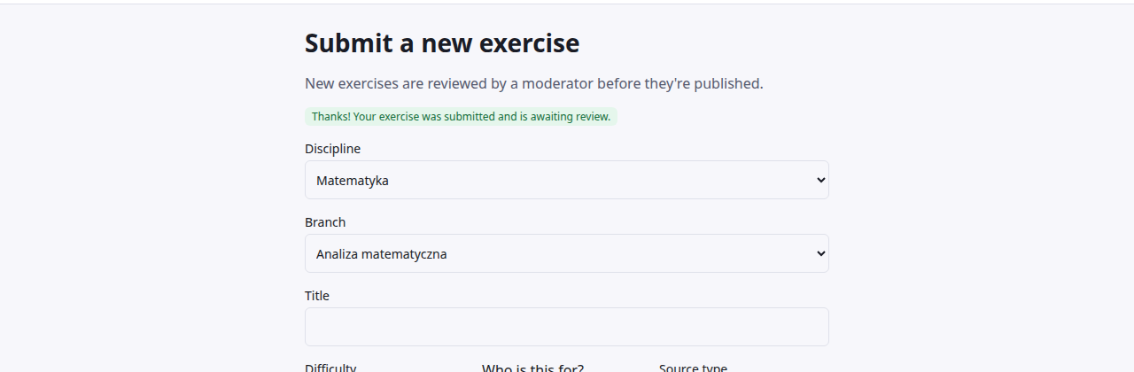 Formularz po wysłaniu, z zielonym napisem „Thanks! Your exercise was submitted and is awaiting review.”