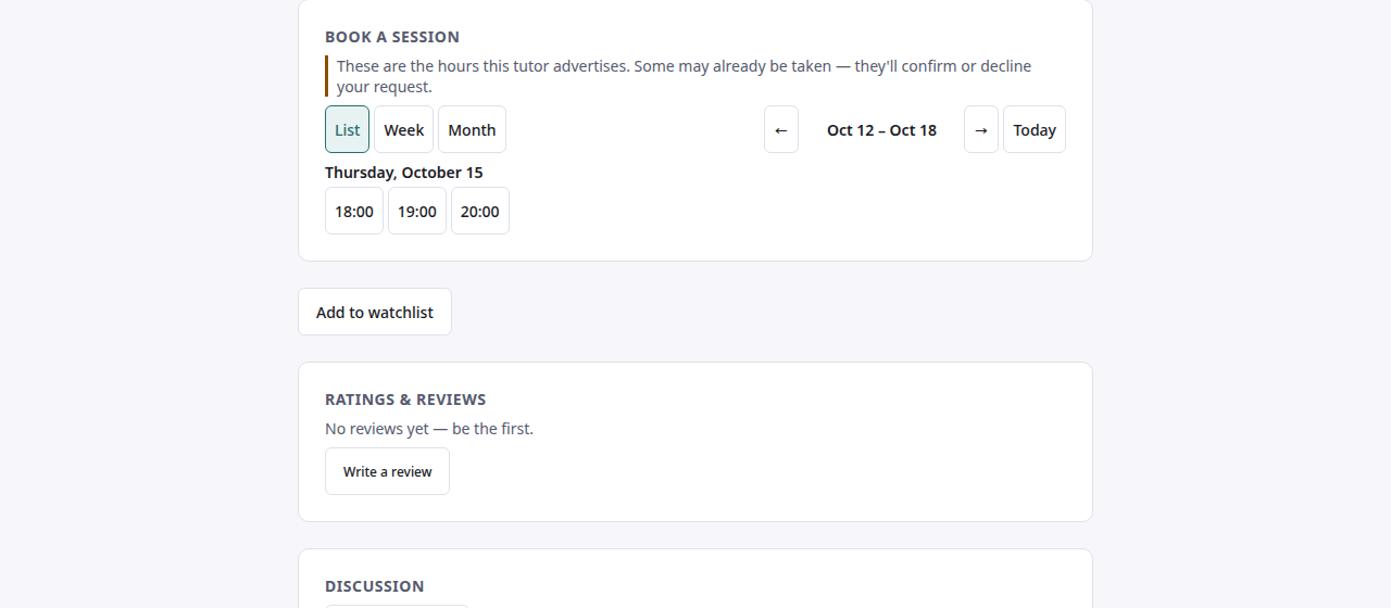 Panel „Book a session”: informacja, że to godziny ogłaszane przez korepetytora, widoki List / Week / Month, pokazany tydzień ze strzałkami i przyciskiem Today oraz trzy wolne godziny jednego dnia; pod spodem „Add to watchlist” i ramka Ratings & reviews z przyciskiem „Write a review”.