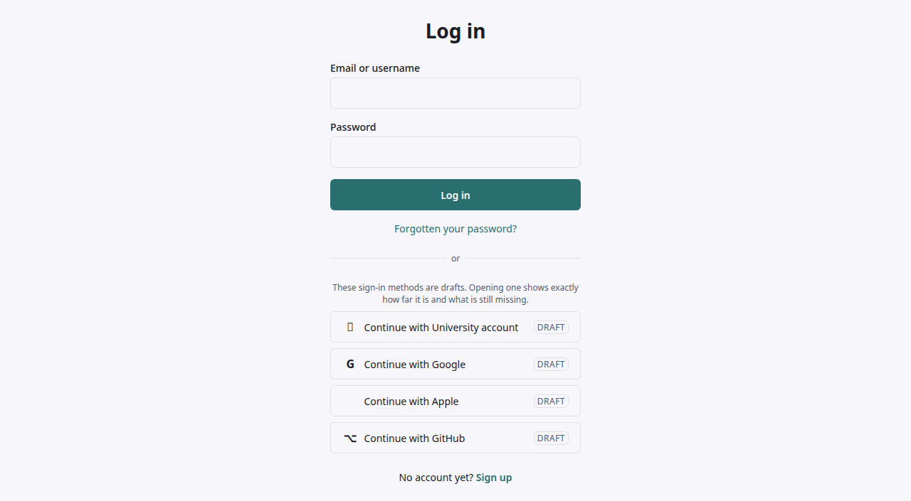Zrzut ekranu „Log in”: pole na adres e-mail albo nazwę użytkownika, pole hasła, przycisk Log in, link „Forgotten your password?”, a pod linią „or” te same cztery karty logowania oznaczone DRAFT i „No account yet? Sign up”.