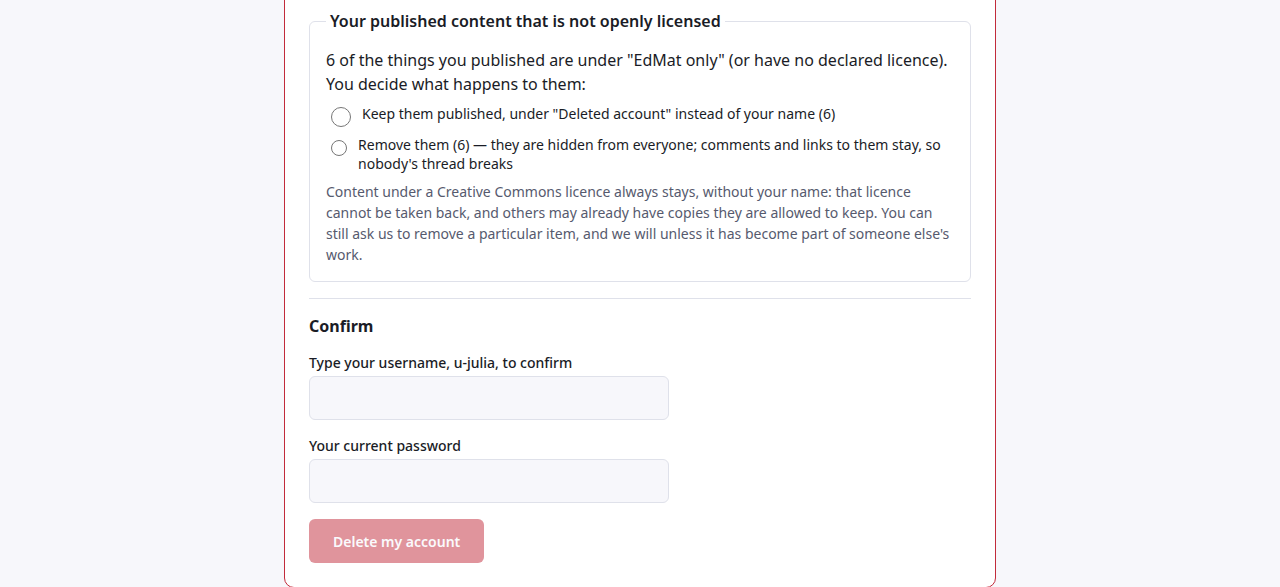 Zrzut ekranu końca karty usuwania konta: „Your published content that is not openly licensed — 6 of the things you published are under “EdMat only” (or have no declared licence). You decide what happens to them”, dwie możliwości — zostawić opublikowane jako „Deleted account” albo usunąć (ukryte; komentarze i linki zostają) — dopisek, że treści na licencji Creative Commons zostają zawsze, oraz formularz Confirm z nazwą użytkownika, obecnym hasłem i przyciskiem „Delete my account”.