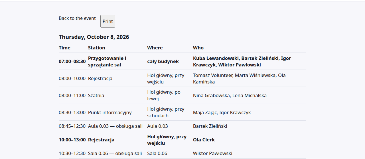 Zrzut ekranu grafiku wolontariuszy do druku na pierwszy dzień konferencji demonstracyjnej: tabela z godziną, stanowiskiem, miejscem i osobami — rejestracja, szatnia, punkt informacyjny, obsługa sal — z wymyślonymi nazwiskami wolontariuszy.