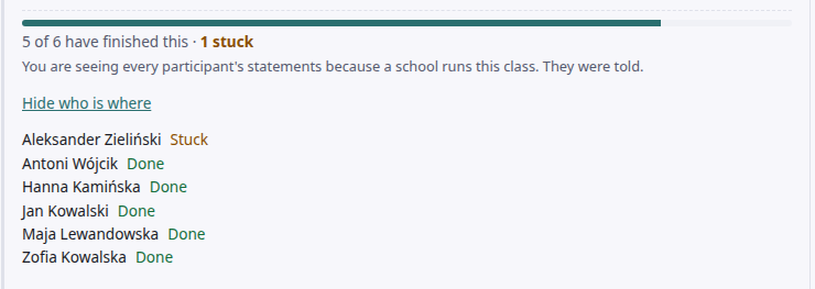 Zrzut ekranu postępu w jednej lekcji demonstracyjnej klasy, rozwiniętego przez nauczycielkę: „5 of 6 have finished this · 1 stuck”, zdanie „You are seeing every participant’s statements because a school runs this class. They were told.” i imiona sześciorga wymyślonych uczniów — pięcioro z Done, jedno ze Stuck.